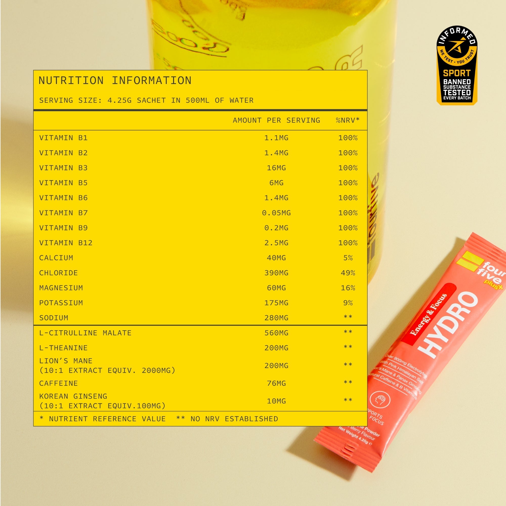 fourfive Hydro Energy & Focus Sachets nutrition information
