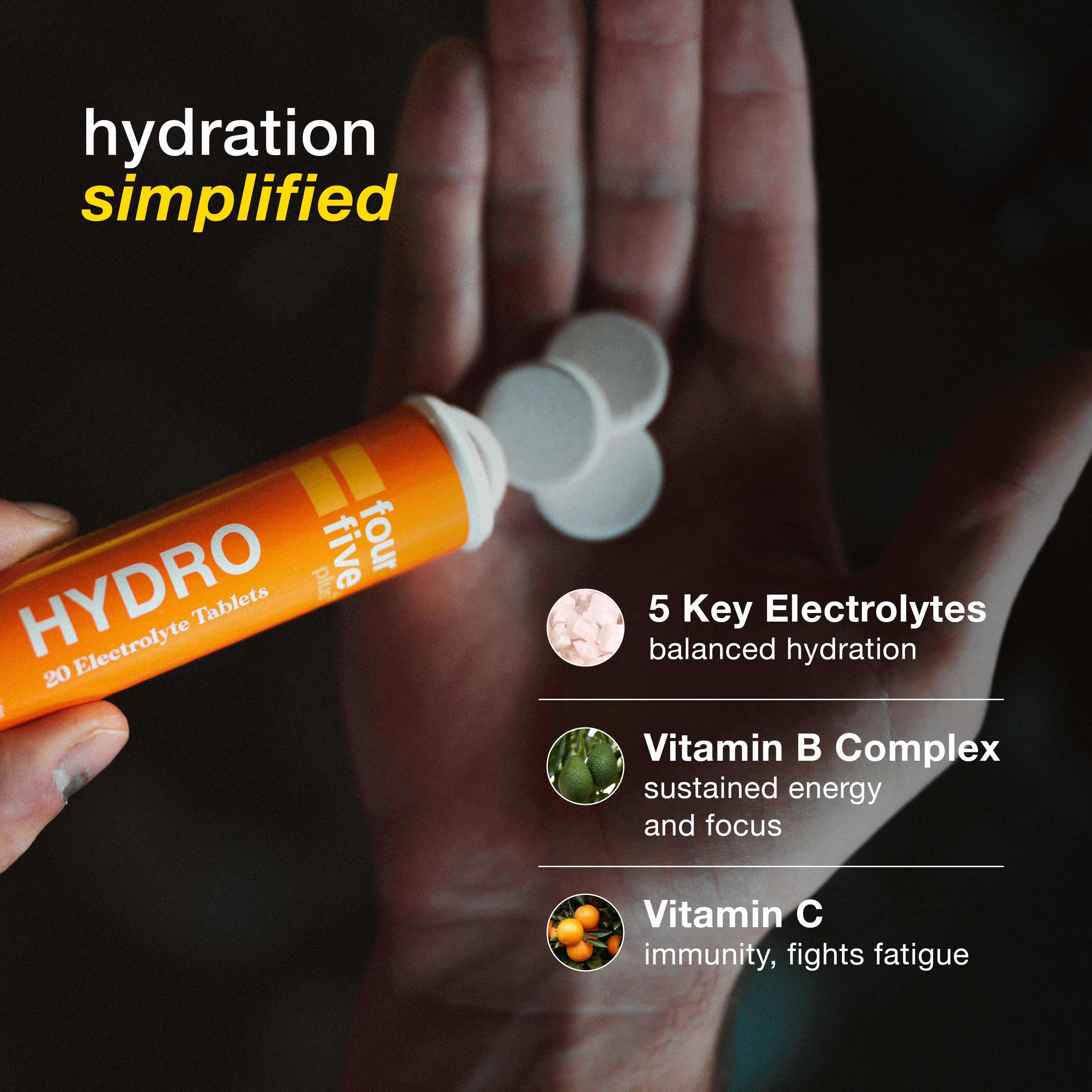 fourfive Hydro Hydration Tablets tube in hand