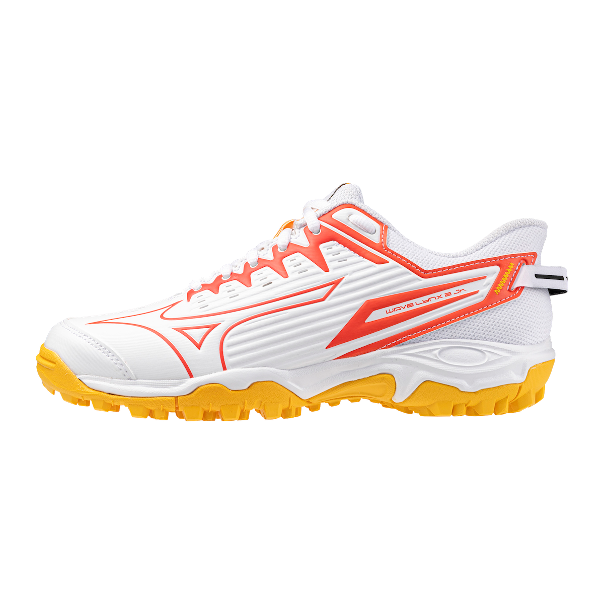 Mizuno Wave Lynx 2 Junior Hockey Shoes White/Fiery Coral/Citrus 25/26 | ONE Sports Warehouse