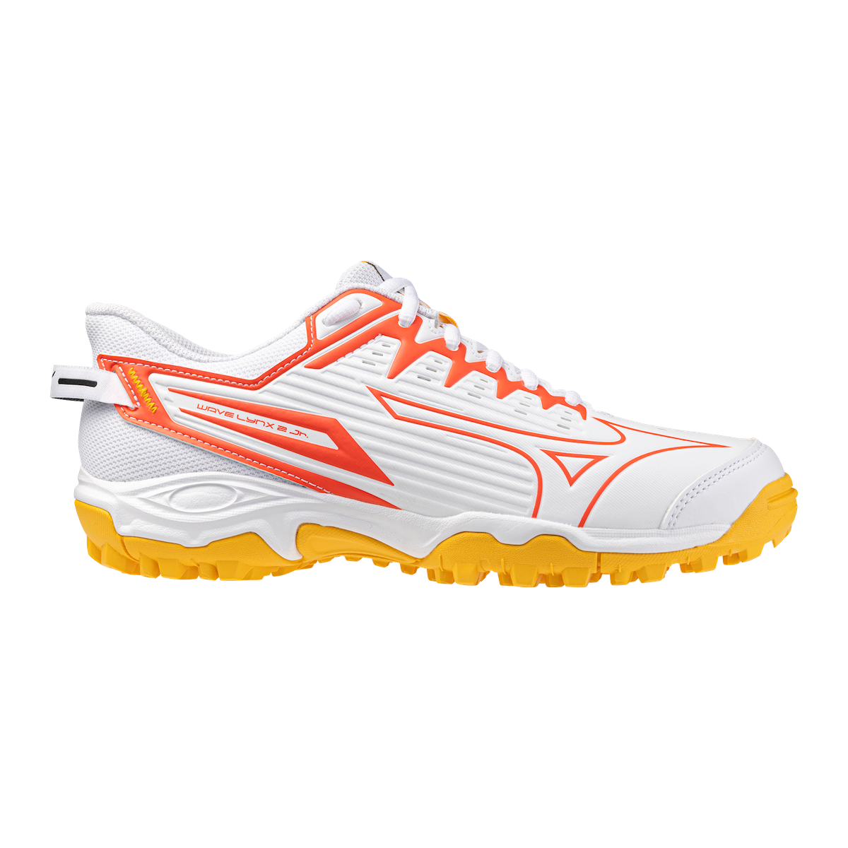 Mizuno Wave Lynx 2 Junior Hockey Shoes White/Fiery Coral/Citrus 25/26 | ONE Sports Warehouse